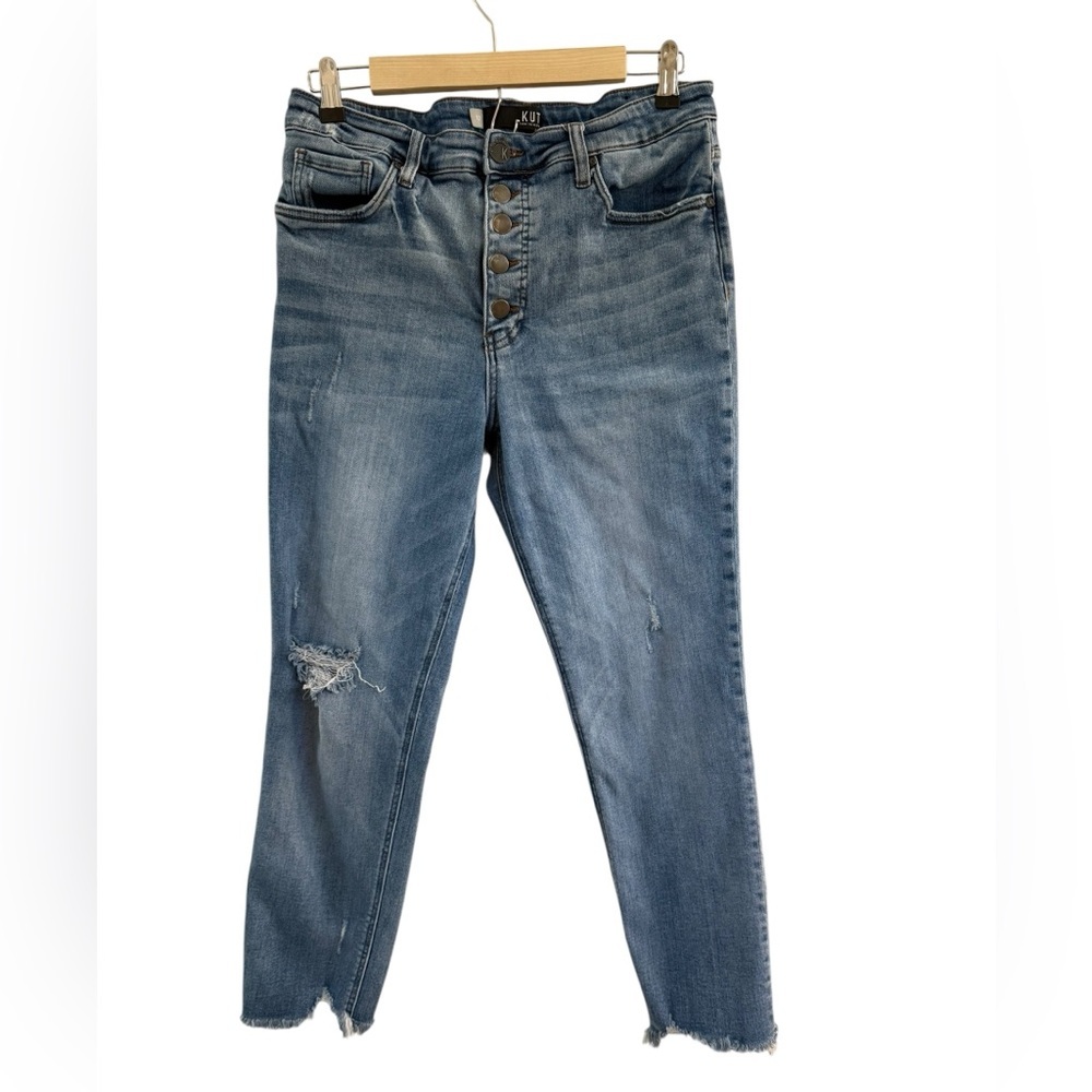 Kut from the Kloth Distressed Button-Fly Cropped Blue Jeans SZ.12
